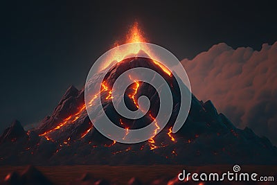 Night fantasy landscape with abstract mountains and island on the water, explosive volcano with burning lava. Neural Stock Photo