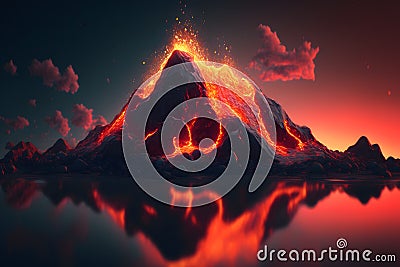 Night fantasy landscape with abstract mountains and island on the water, explosive volcano with burning lava. Neural Stock Photo