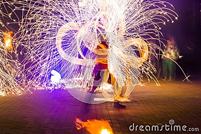 Night fire show on the street long exposure Editorial Stock Photo