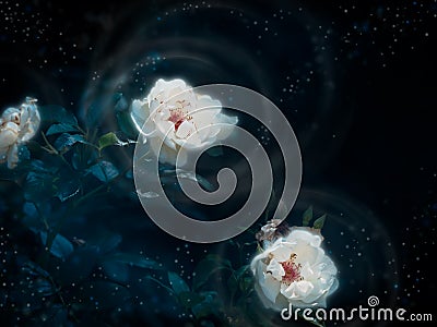 Night flowers emit glowing radial beams of light surrounded by strange glowing perfume dust. Fantasy art Cartoon Illustration