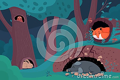 Night In Forest Cartoon Background Vector Illustration