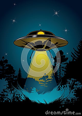 Night forest with flying UFO Vector Illustration