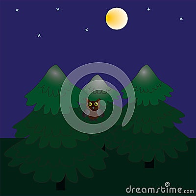 The night forest and the full moon. Vector Illustration
