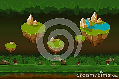 Night forest game background, seamless cartoon landscapes with rock islands Vector Illustration