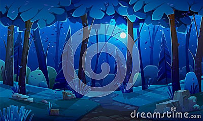 Night forest landscape with plants and trees. Dark wild wood background, mysterious place scenery Vector Illustration