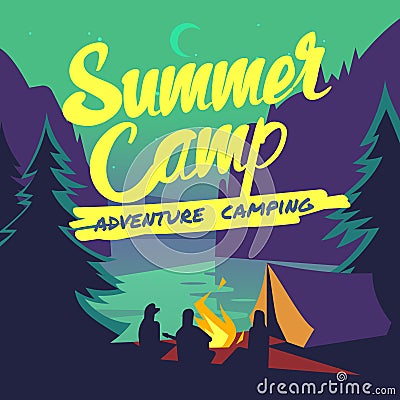 Night forest with moonlight and campfire summer adventure camping vector poster Vector Illustration