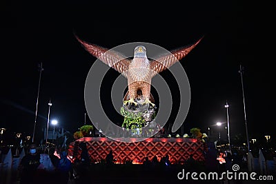 Night front view of Langkawi Eagle Monument Editorial Stock Photo