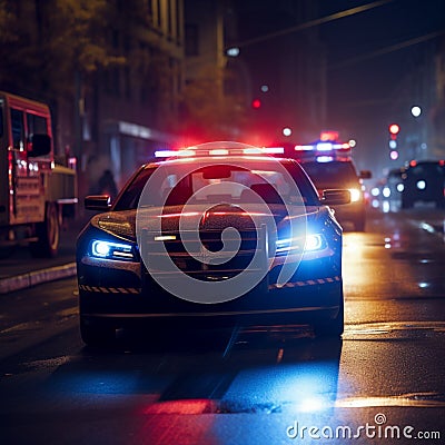 Night guardians Police car lights pierce through the city darkness Stock Photo