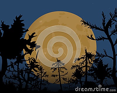 The night of Halloween. A big yellow moon in the sky. Vector Illustration