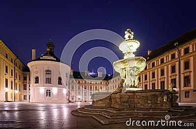 Night Hradcany view. Beautiful square near Saint Vitus Cathedral. Prague, Czech republic. Stock Photo