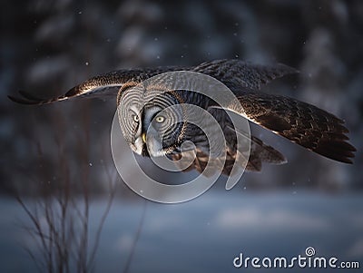 The Night Hunter the Great Grey Owl in Snow Stock Photo