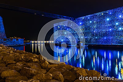 Night illumination of Museum of European and Mediterranean Civilizations in Marseille, France Editorial Stock Photo