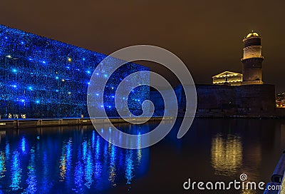 Night illumination of Museum of European and Mediterranean Civilizations in Marseille, France Editorial Stock Photo