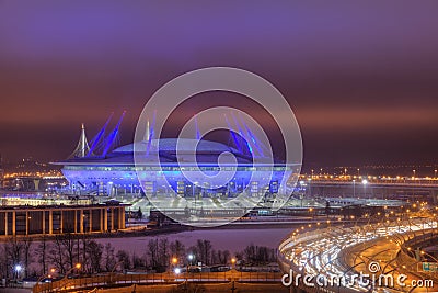 Night illumination, 2018 World Cup stadium in St. Petersburg, Ru Editorial Stock Photo