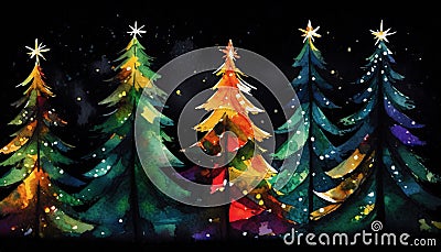 night illustrated Christmas forest Stock Photo