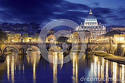 Night image of St. Peter's Basilica, Ponte Sant Angelo and Tiber Stock Photo