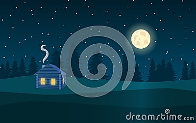 Night landscape. Forest, moon, stars and the wooden house Vector Illustration