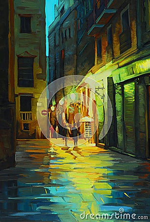 Night landscape in barcelona gothic quarter with the rain, paint Stock Photo