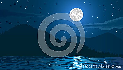 Night landscape. Beach by the sea with mountains and full moon. Cartoon Illustration