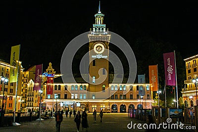 Night landscape of a beautiful town hall in Rosa Khutor Alpine Resort Editorial Stock Photo