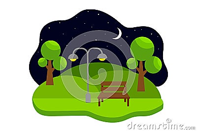 Night landscape with a bench in a city park. flat vector illustration. Vector Illustration