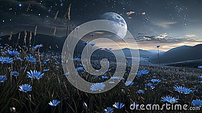 Night landscape with blue daisies and full moon Stock Photo