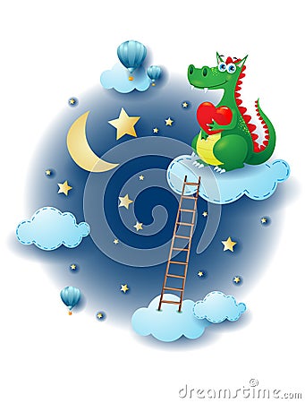 Night landscape with clouds, ladder and dragon with heart. Vector Illustration