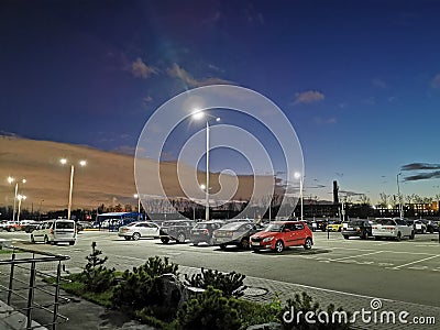 Night scape, cloudy sky, dawning, parking, Dolgoprudniy, Moscow, Russia Stock Photo