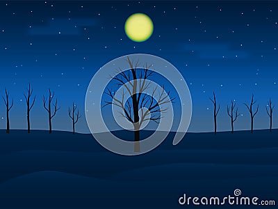 Night landscape of Dry tree and moon Vector Illustration