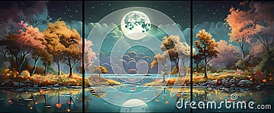 night landscape environment harvest moon over a glittering lake birchwood trees, flowers, magical galaxy. 3d drawing digital art Stock Photo