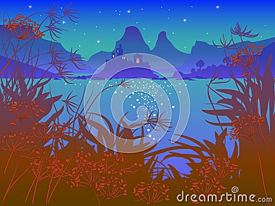 Night landscape with fairy-tale castle Vector Illustration