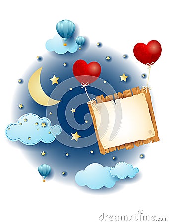 Night landscape with flying sign and hearts, fairy tale. Vector Illustration