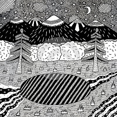 Night landscape with night forest, lake, trees, mountains, river. Hand drawn ink illustration. Coloring page for adults. Raster Cartoon Illustration