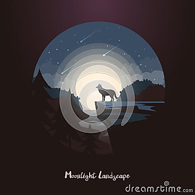 Wolf animal on rock or cliff at night forest. Vector Illustration