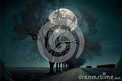 Night landscape with full moon, trees and road. 3d render Stock Photo