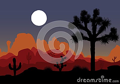 Night landscape with Joshua tree and mountains. Vector illustration. Vector Illustration