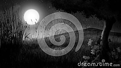 A night landscape with a large bright moon and a lonely tree standing in a field. Monochrome illustration with tall grass Cartoon Illustration