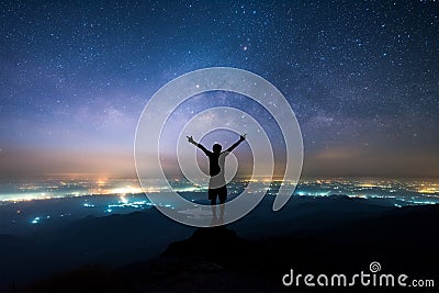 Night landscape of Milky way above the light of countryside area Stock Photo