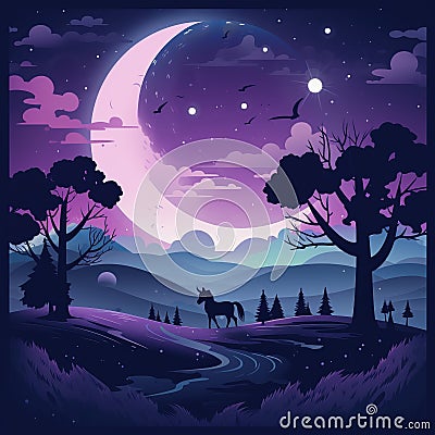 night landscape with moon trees and a horse in the foreground Stock Photo