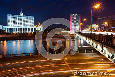 Night landscape with the Moscow River, the Kalinin Novoarbatsky bridge Editorial Stock Photo