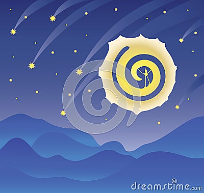 Night landscape, starry dark sky, a big moon and falling stars, a mountain landscape. Vector illustration Stock Photo