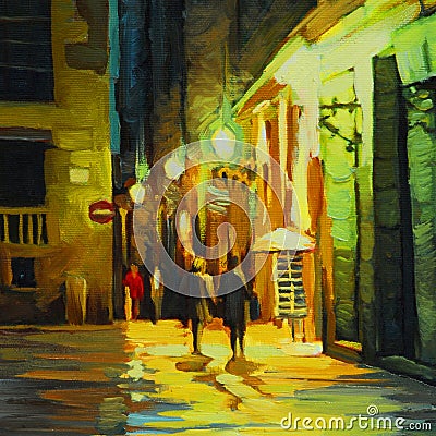 Night landscape with rain in barcelona gothic quarter, oil paint Stock Photo