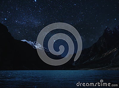 Night Landscape, Silhouette mountain with water on lake and sky full of star with milky way Stock Photo