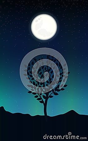 Night landscape with starry sky and full moon on a background of silhouettes tree Vector Illustration