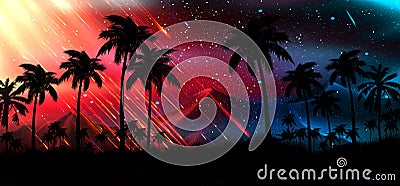 Night landscape with stars, sunset, stars. Silhouette coconut palm trees Stock Photo