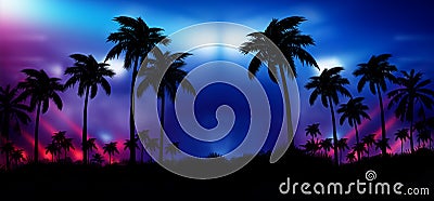 Night landscape with stars, sunset, stars. Silhouette coconut palm trees Stock Photo