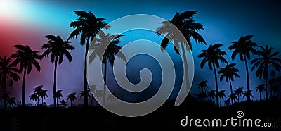 Night landscape with stars, sunset, stars. Silhouette coconut palm trees Stock Photo