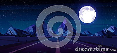 Night landscape with straight highway and mountain Vector Illustration
