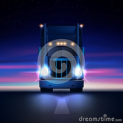 Night large classic big rig semi truck headlights dry van semi riding in dark night road on colorful starry sky background Vector Illustration