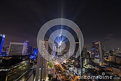 Night light show over CBD area in Bangkok Stock Photo